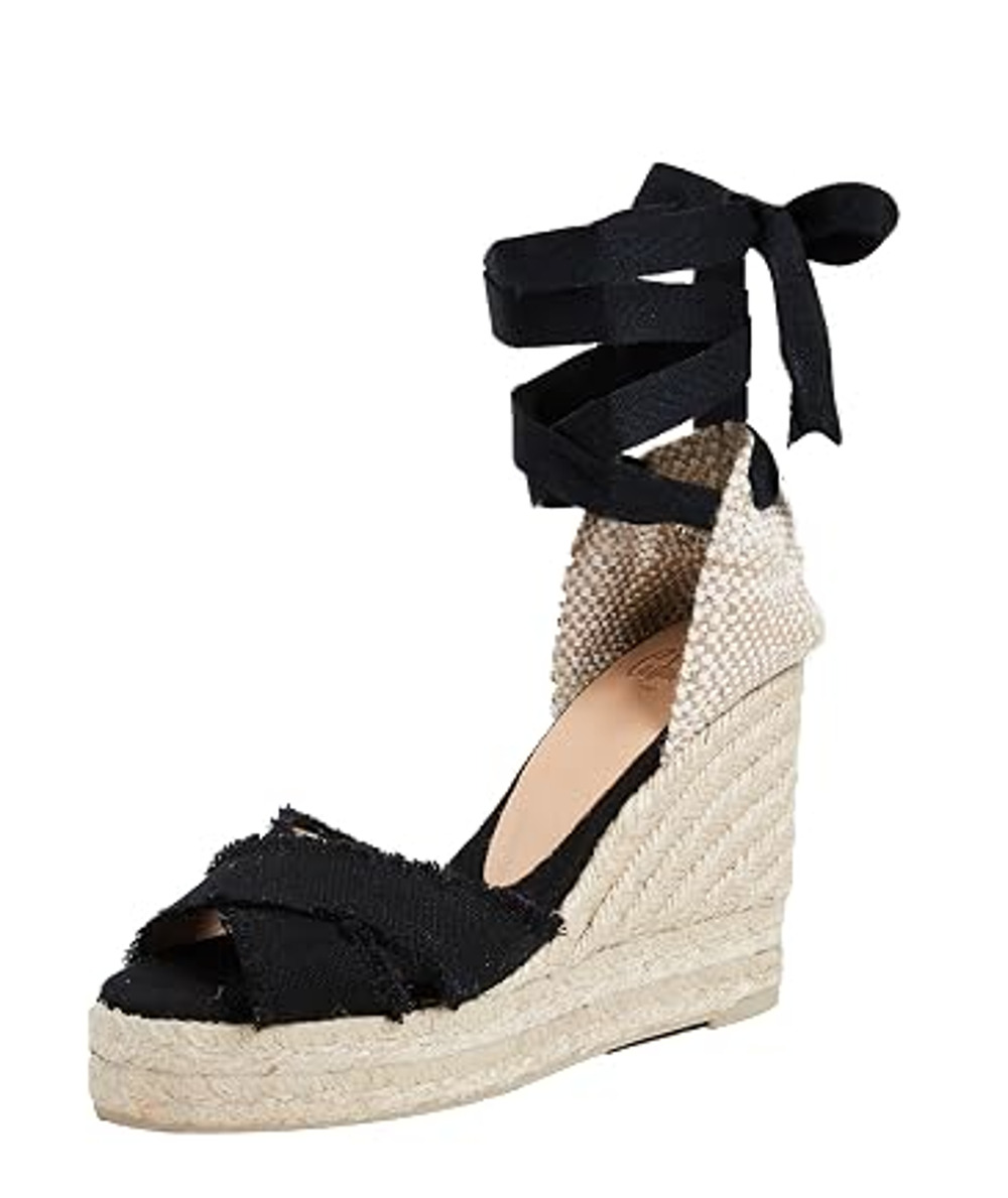 Castaner Bluma Canvas Crisscross Ankle Strap Wedge Heel Sandals Black Womens 40